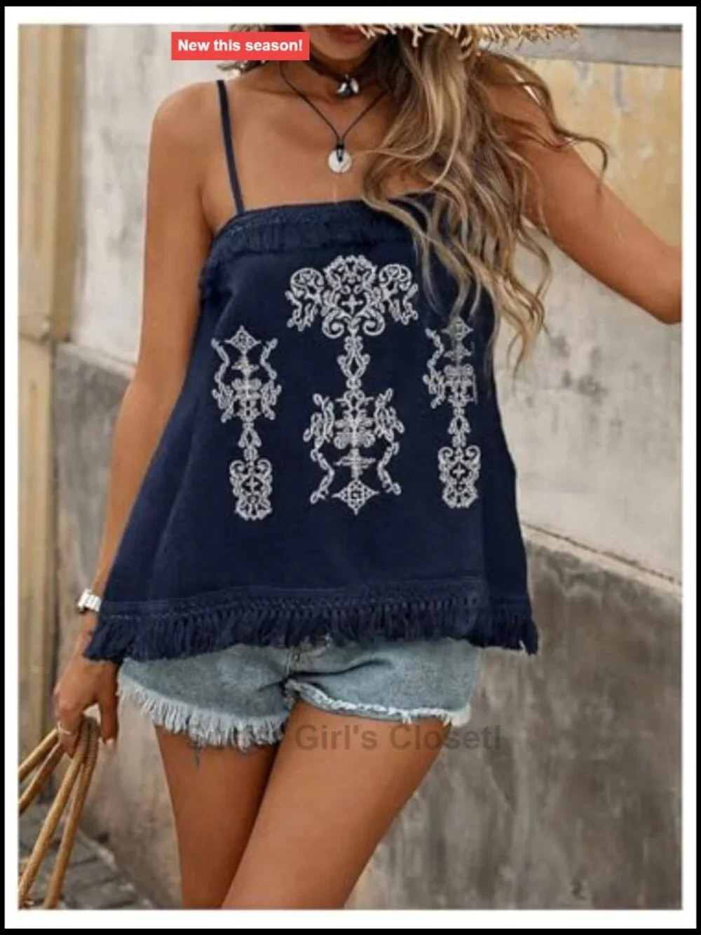 Boho Embroidered Sleeveless Cami Top Summer Vacation Spaghetti Strap